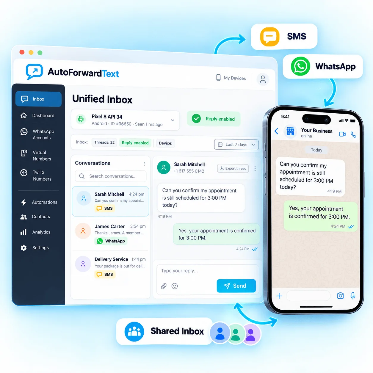 AutoForward Text inbox showing customer text message conversations and replies