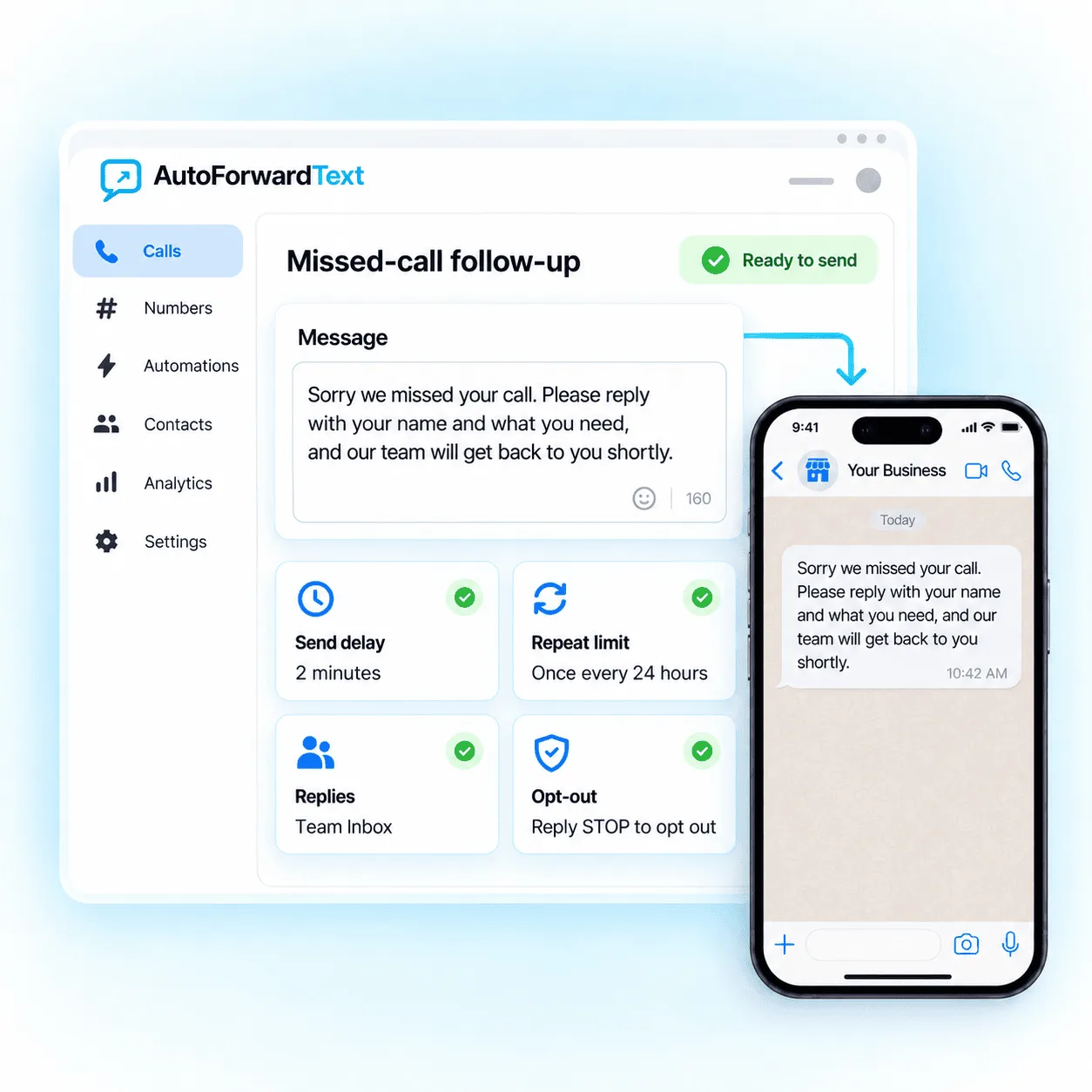 Missed call response activity showing automatic follow-up status and caller details